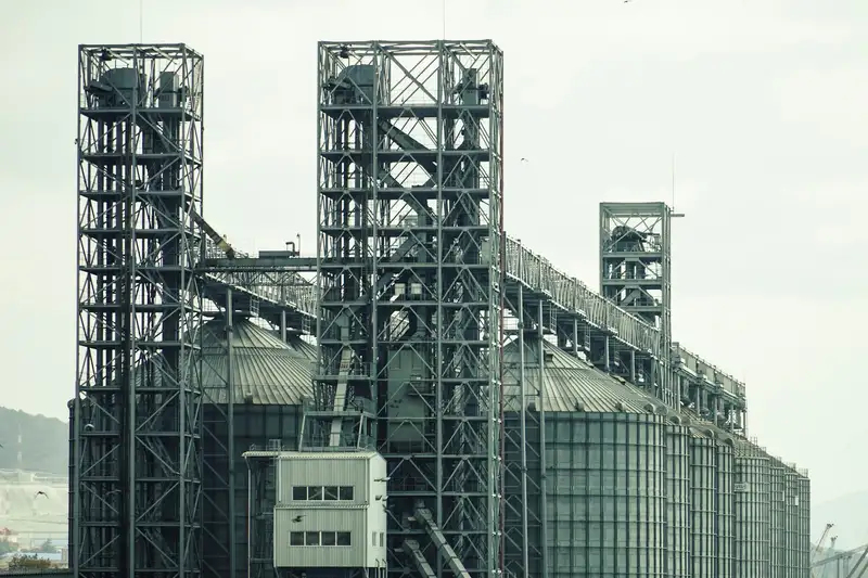 Industrial rice-processing plant with pipes and machinery